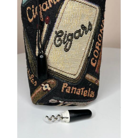 VINTAGE Cigar Tapestry Print Wine Drawstring Tote Coozie CORKSCREW ATTACHED - Picture 4 of 6